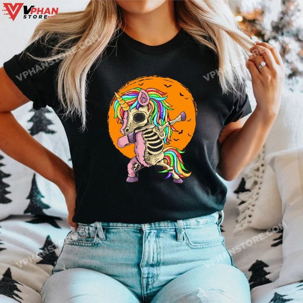 Spooky Halloween Dabbing Unicorn Skeleton Girl Women Kid T-Shirt