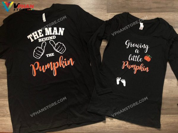 The Man Behind The Pumpkin Growing A Little Pumpkin Couples Pregnancy Announcement T-Shirt Baby Shower Gift