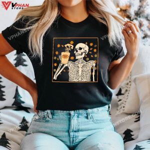 Vintage Halloween Skeleton Pumpkin Spice Latte Syrup Creamer T Shirt 1