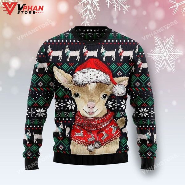 Warm Brown Goat Wear Red Coat Ugly Christmas Sweater