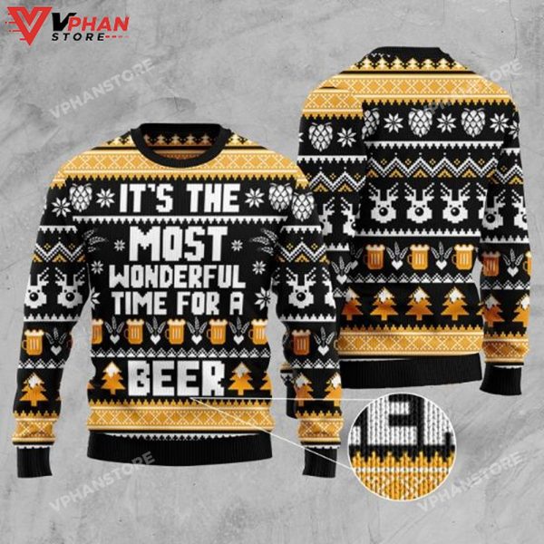 Wonderful Time For A Beer Ugly Christmas Wool Knitted Sweater