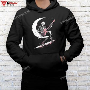 mockup black hoodie men Rock On Skeleton Moon Plays Rock And Roll Funny Halloween T Shirt