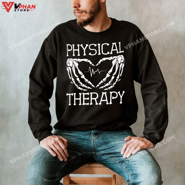 Physical Therapy Skeleton Hand Heartbeat Halloween PT T-Shirt