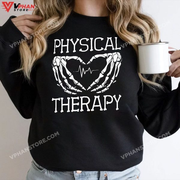 Physical Therapy Skeleton Hand Heartbeat Halloween PT T-Shirt