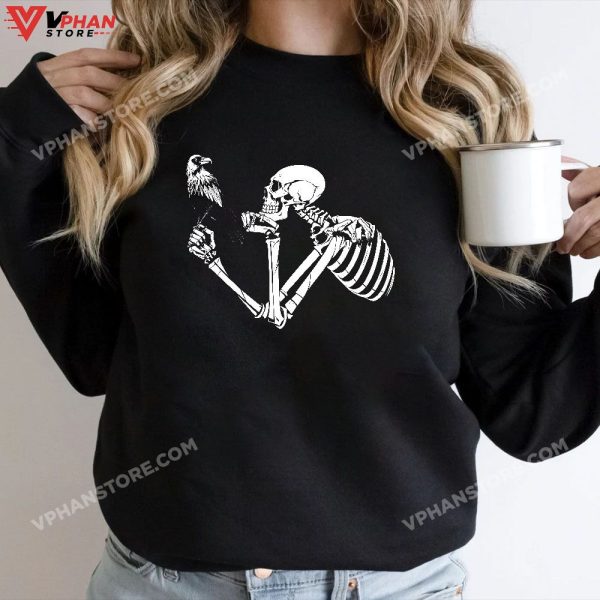 Retro Skeleton Halloween Costume Funny Scary Skull Crow T-Shirt