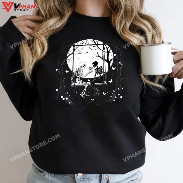 Skeleton Couple Moon Swing Halloween T-Shirt, Skeleton Halloween Outfit