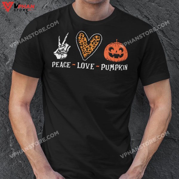 Peace Love Pumpkin Halloween Skeleton Hand Leopard Heart T-Shirt