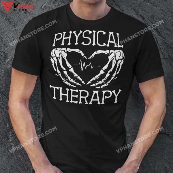 Physical Therapy Skeleton Hand Heartbeat Halloween PT T-Shirt