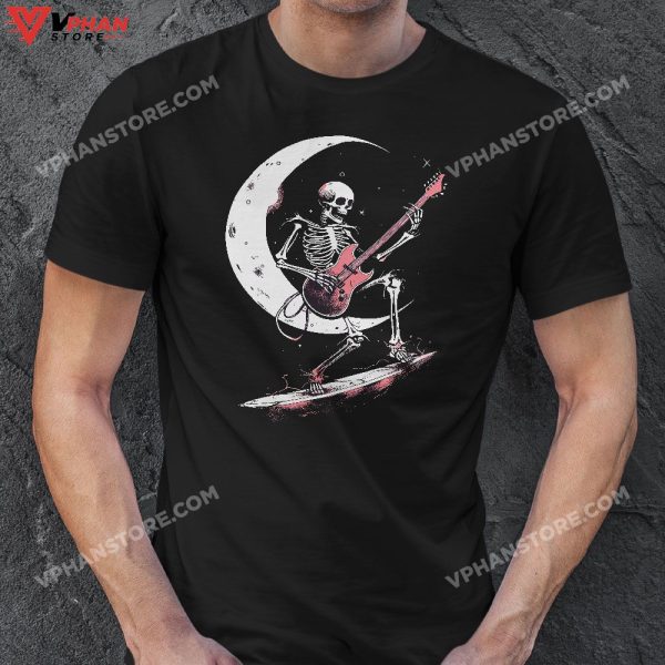 Rock On Skeleton Moon Plays Rock And Roll Funny Halloween T-Shirt