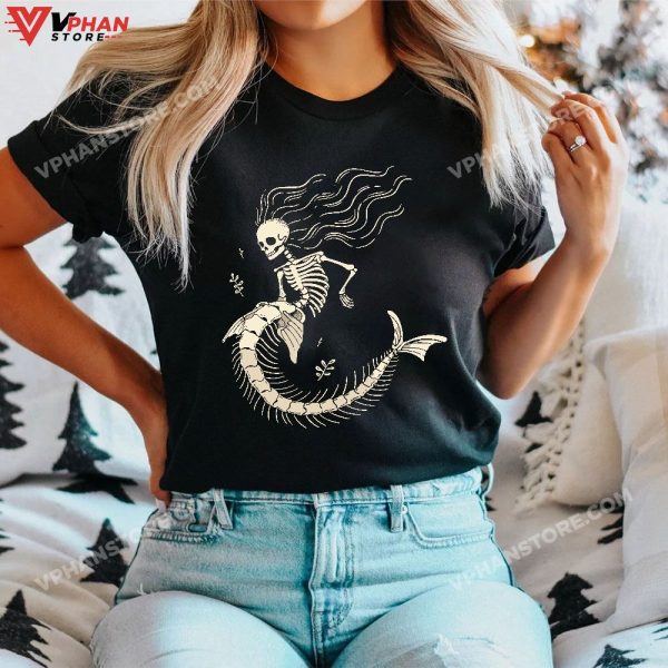 Mermaid Skeleton Halloween Costume Women Girls T-Shirt, Halloween Outfit Skeleton