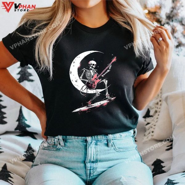 Rock On Skeleton Moon Plays Rock And Roll Funny Halloween T-Shirt