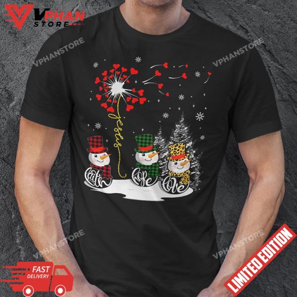 Faith Hope Love Snowman Jesus Dandelion Christian Christmas T-Shirt