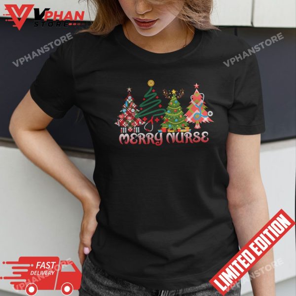 Merry Nurse Christmas Tree Stethoscope RN Lpn Scrub Nursing X-mas T-Shirt