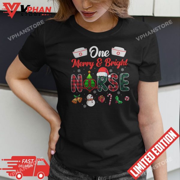 One Merry Bright Nurse Christmas Cute Xmas Scrub Top T-Shirt