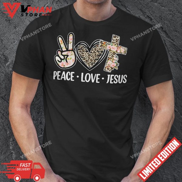 Peace Love Jesus Leopard Christ Lovers Cross Hippie T-Shirt