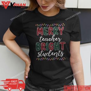 Retro Merry Teacher Bright Students Funny Christmas Teacher T Shirt 1