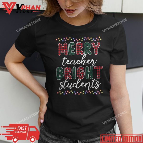 Retro Merry Teacher Bright Students Funny Christmas Teacher T-Shirt