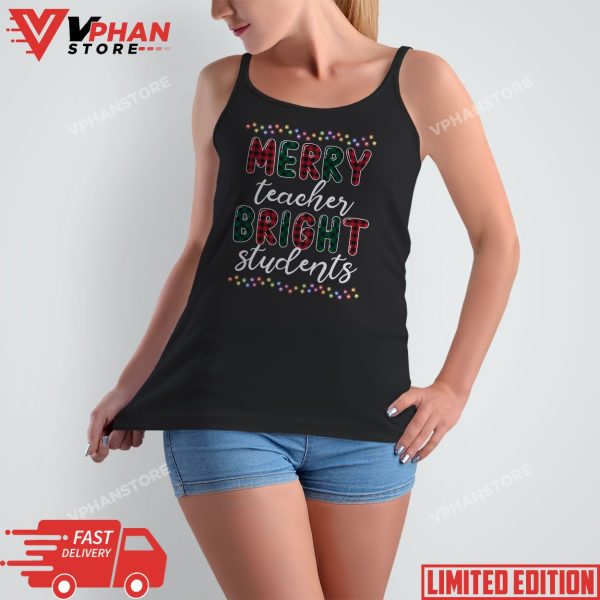 Retro Merry Teacher Bright Students Funny Christmas Teacher T-Shirt