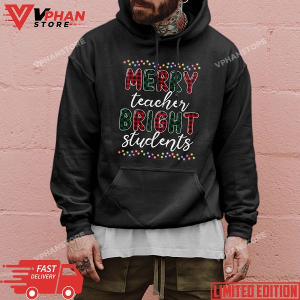 Retro Merry Teacher Bright Students Funny Christmas Teacher T-Shirt