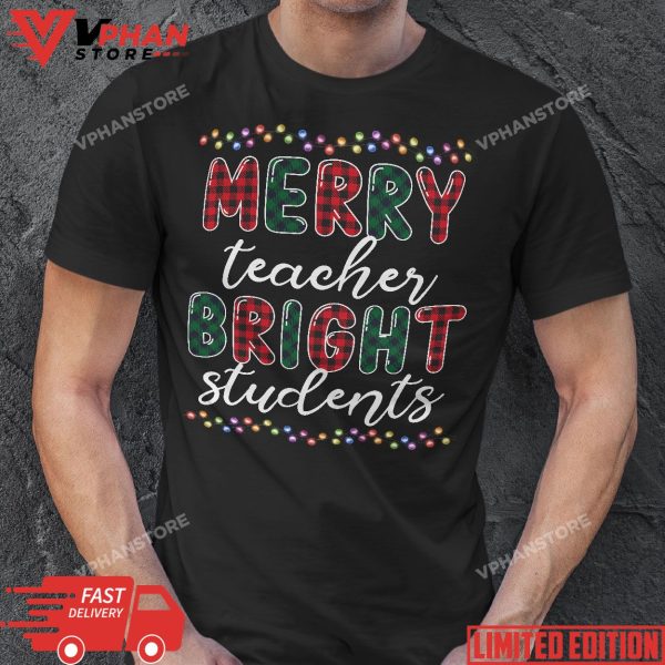 Retro Merry Teacher Bright Students Funny Christmas Teacher T-Shirt