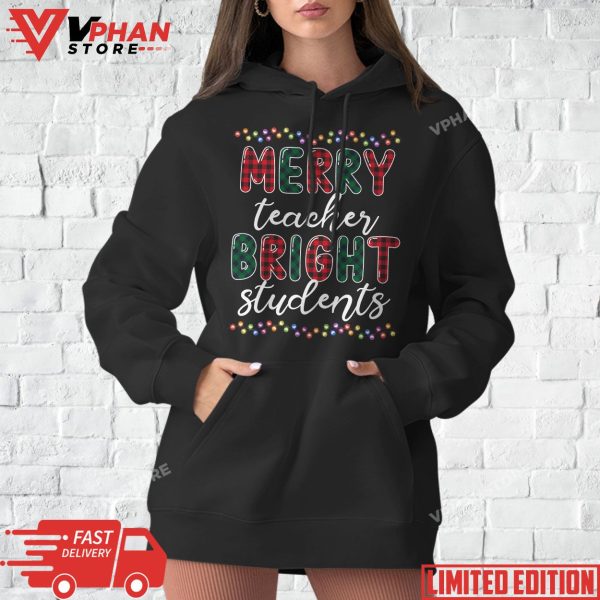 Retro Merry Teacher Bright Students Funny Christmas Teacher T-Shirt