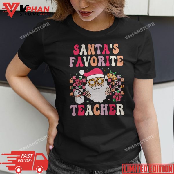 Santa’s Favorite Teacher Groovy Retro Christmas 70s 80s Xmas T-Shirt