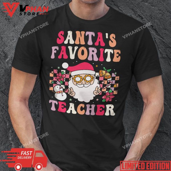 Santa’s Favorite Teacher Groovy Retro Christmas 70s 80s Xmas T-Shirt