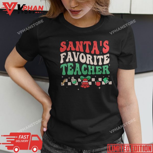 Santa’s Favorite Teacher Groovy Retro Christmas Boy Girl T-Shirt