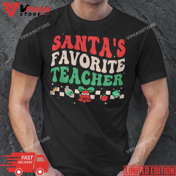 Santa’s Favorite Teacher Groovy Retro Christmas Boy Girl T-Shirt