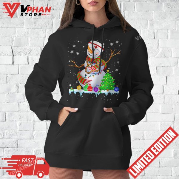 Snowman Nurse Christmas Lights Xmas Tree Nurse T-Shirt