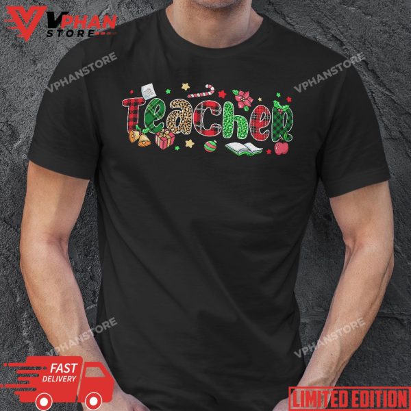 Teacher Christmas Books Santa Leopard Plaid Cakes Xmas Tree T-Shirt