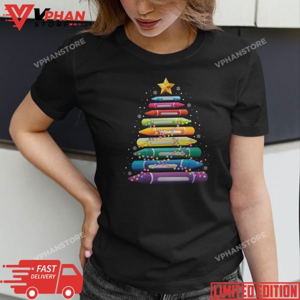 Teacher Christmas Tshirt Crayon Tree Light Gifts Student T-Shirt