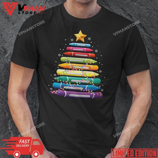 Teacher Christmas Tshirt Crayon Tree Light Gifts Student T-Shirt