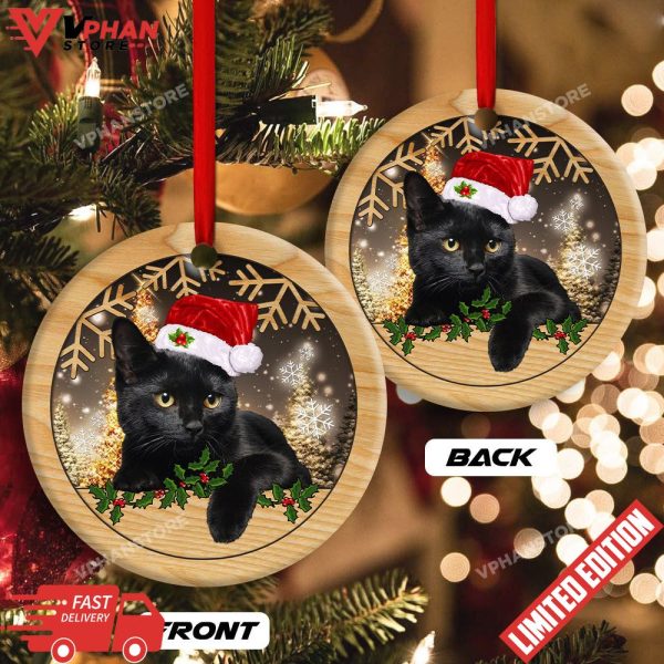 Black Cat Cute Kitty Cat Xmas Round Christmas Ornament