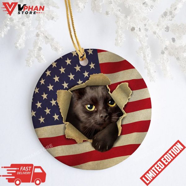 4th of July Black Cat Holiday Flat Round Christmas Ornament