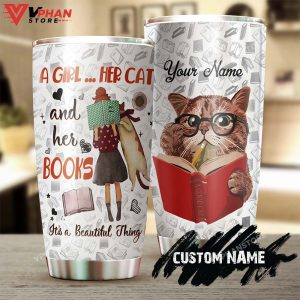 A Girl Her Cat And Her Books Personalized Tumbler 1