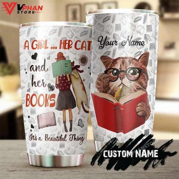 A Girl Her Cat And Her Books Personalized Tumbler