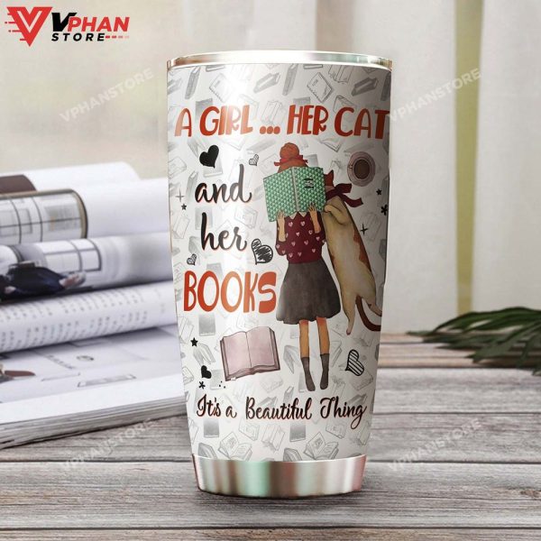 A Girl Her Cat And Her Books Personalized Tumbler