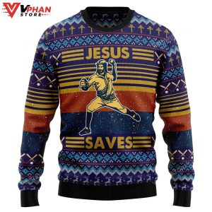 Baseball Jesus Save Ugly Christmas Sweater 1