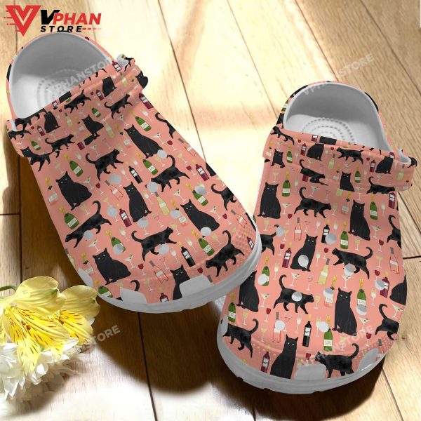 Black Cat And Wine Funny Animal Gift For Lover Rubber Clogs Shoes