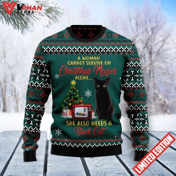 Black Cat Christmas Movie Ugly Sweater