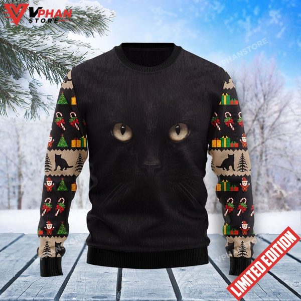 Black Cat Cute Face Ugly Christmas Sweater