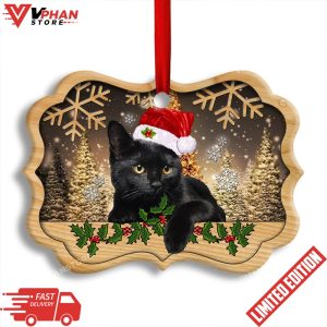 Black Cat Cute Kitty Cat Xmas Horizontal Ornament 1