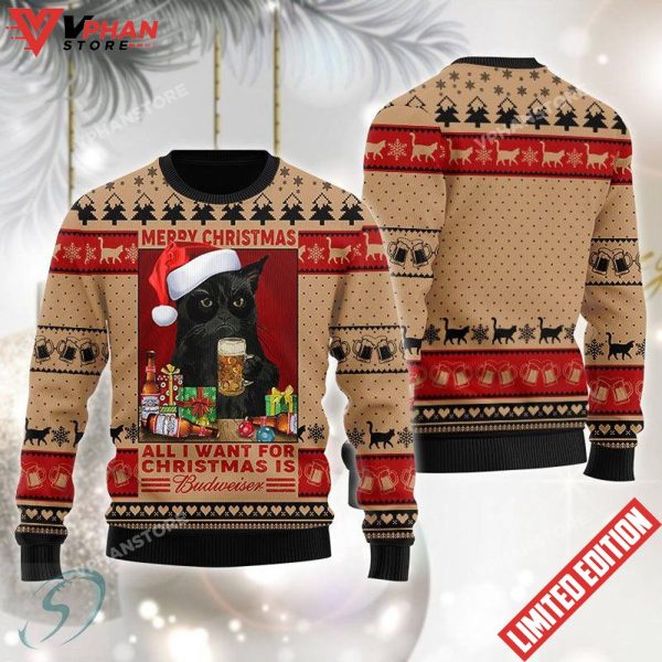 Black Cat Drinking Budweiser Beer Ugly Christmas Sweater