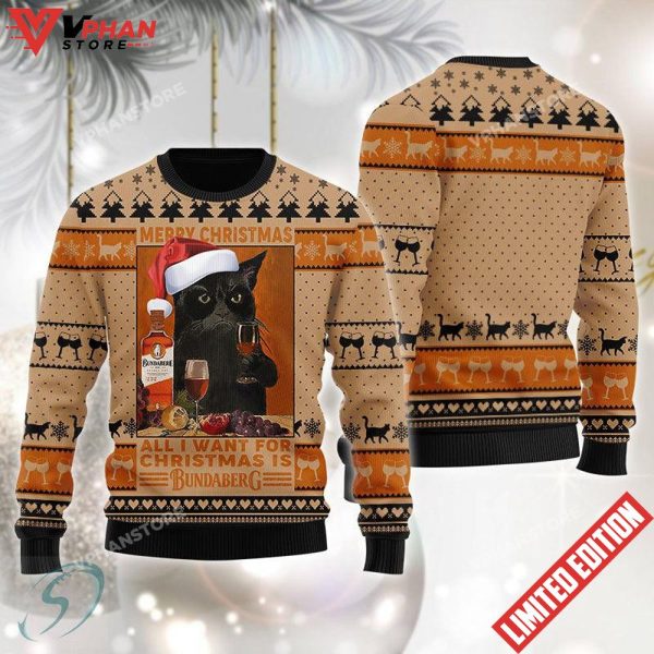 Black Cat Drinking Bundaberg Ugly Christmas Sweater