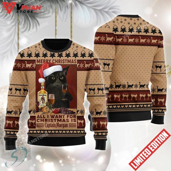 Black Cat Drinking Captain Morgan Ugly Christmas Sweater