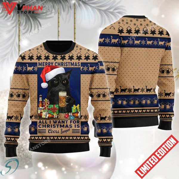 Black Cat Drinking Coors Banquet Ugly Christmas Sweater