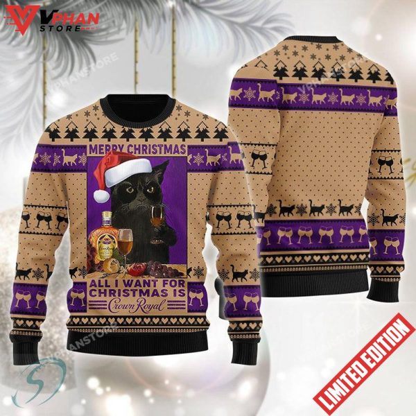 Black Cat Drinking Crown Royal Ugly Christmas Sweater