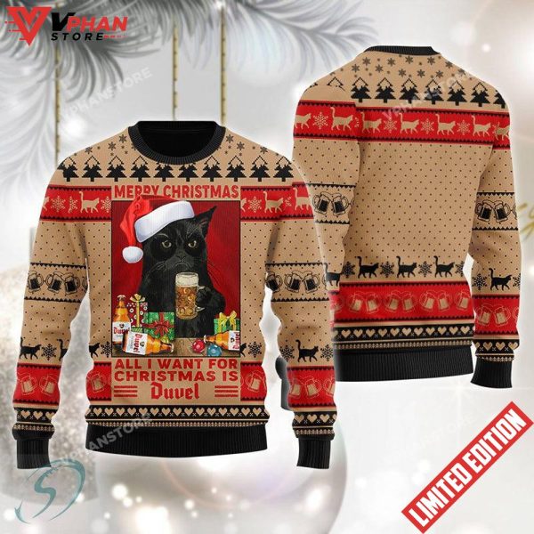 Black Cat Drinking Duvel Beer Ugly Christmas Sweater