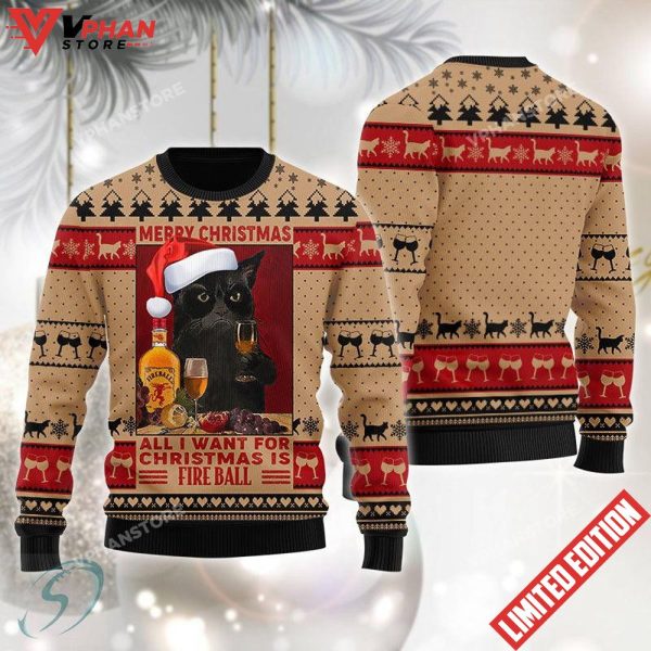 Black Cat Drinking Fireball Ugly Christmas Sweater